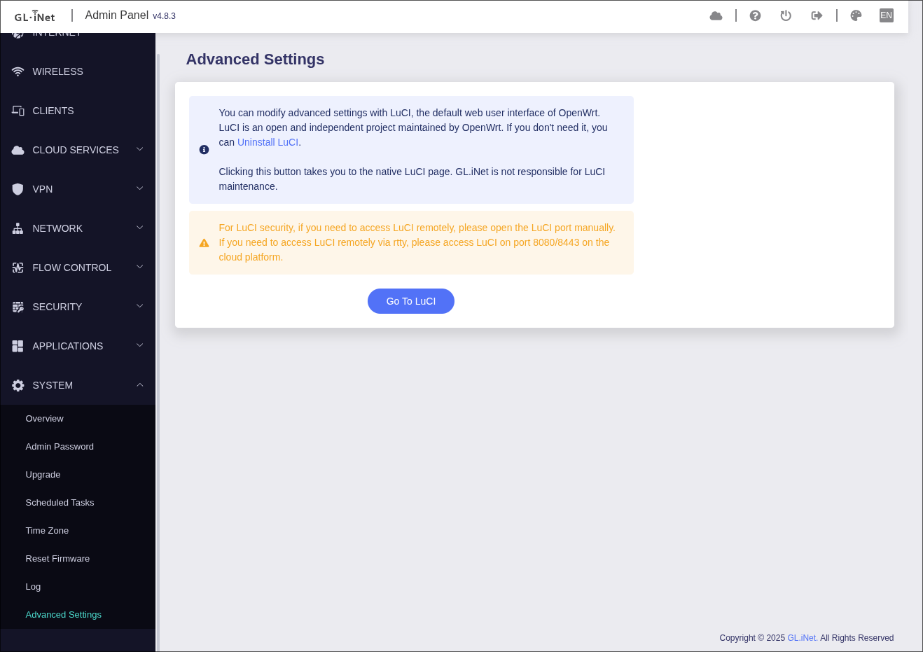 Cudy AX1800: Advanced Settings with Go To LuCI button