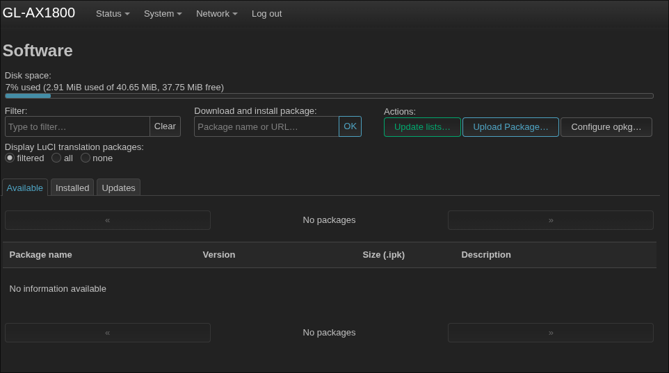 Cudy AX1800 LuCI: Software page with Upload Package button