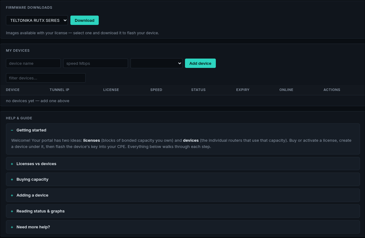Dashboard: firmware downloads selector with a Download button
