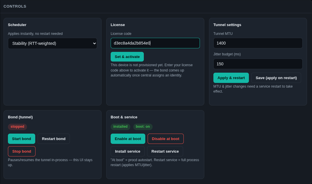 Device control panel: License code field with Set & activate button