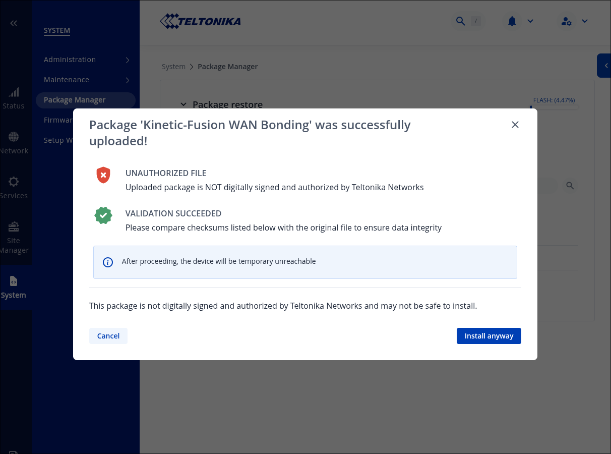 Teltonika: package uploaded successfully, Install anyway button