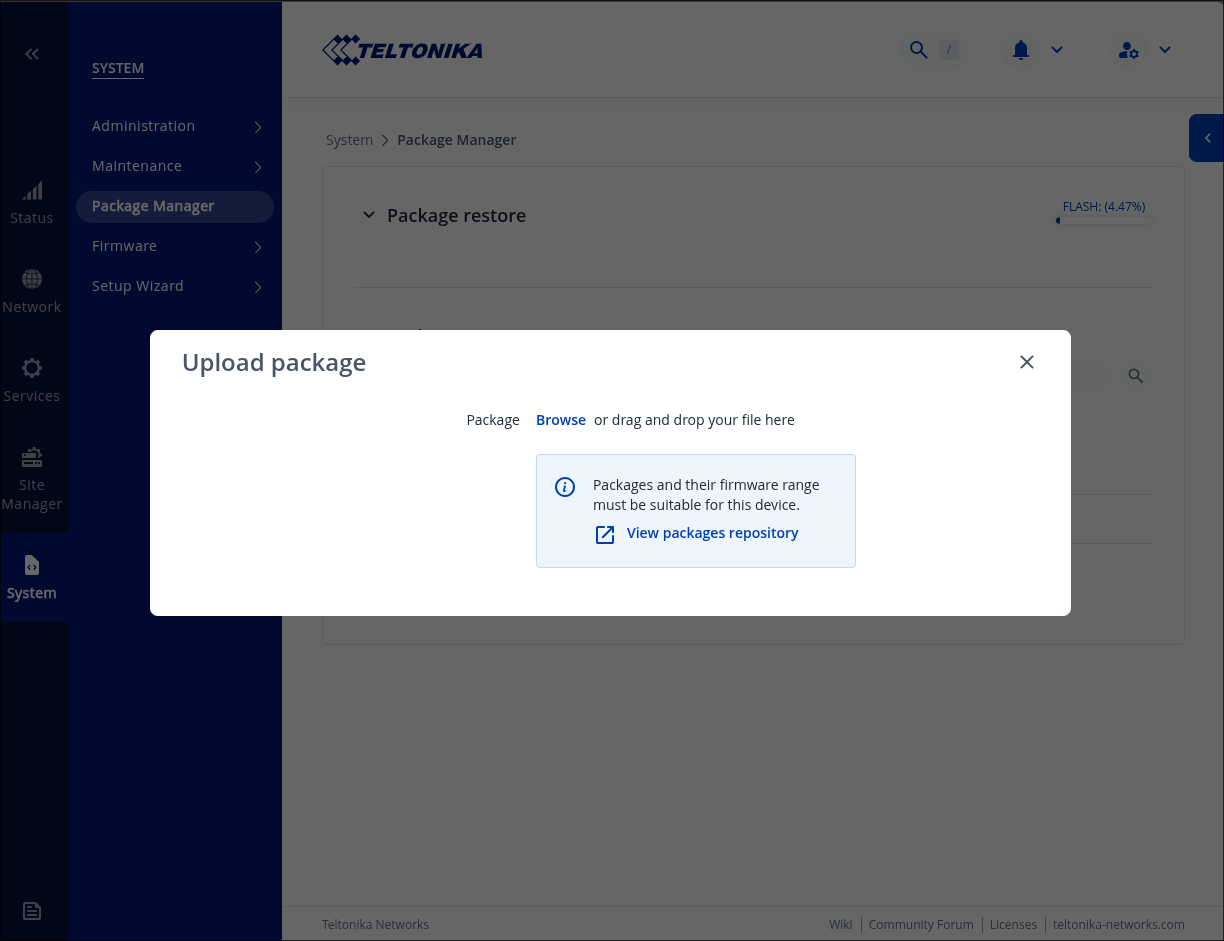 Teltonika Package Manager: Upload package dialog